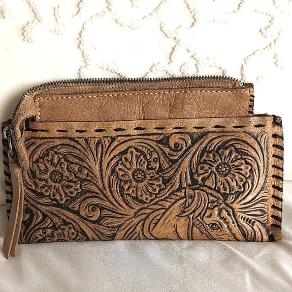 Western Artisan Hand Tooled Leather -Small Zip Pouchette